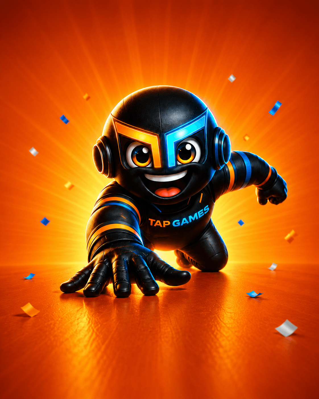 Tap Games mascot lunging forward with confetti