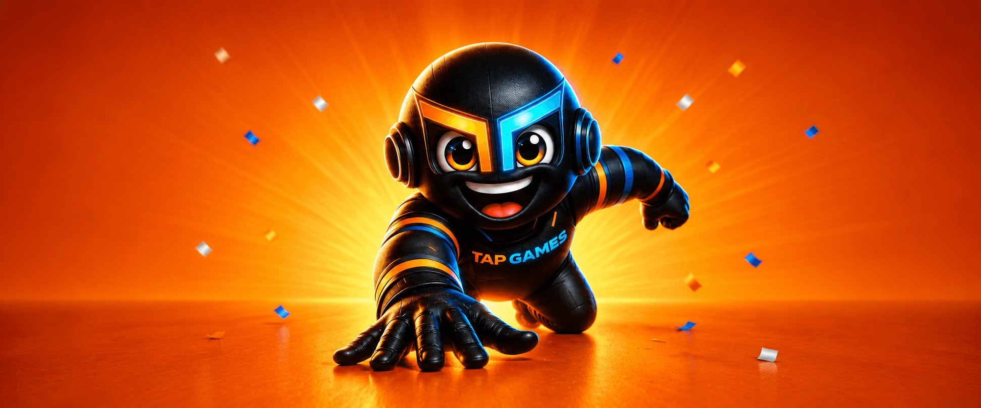 Tap Games mascot lunging forward with confetti