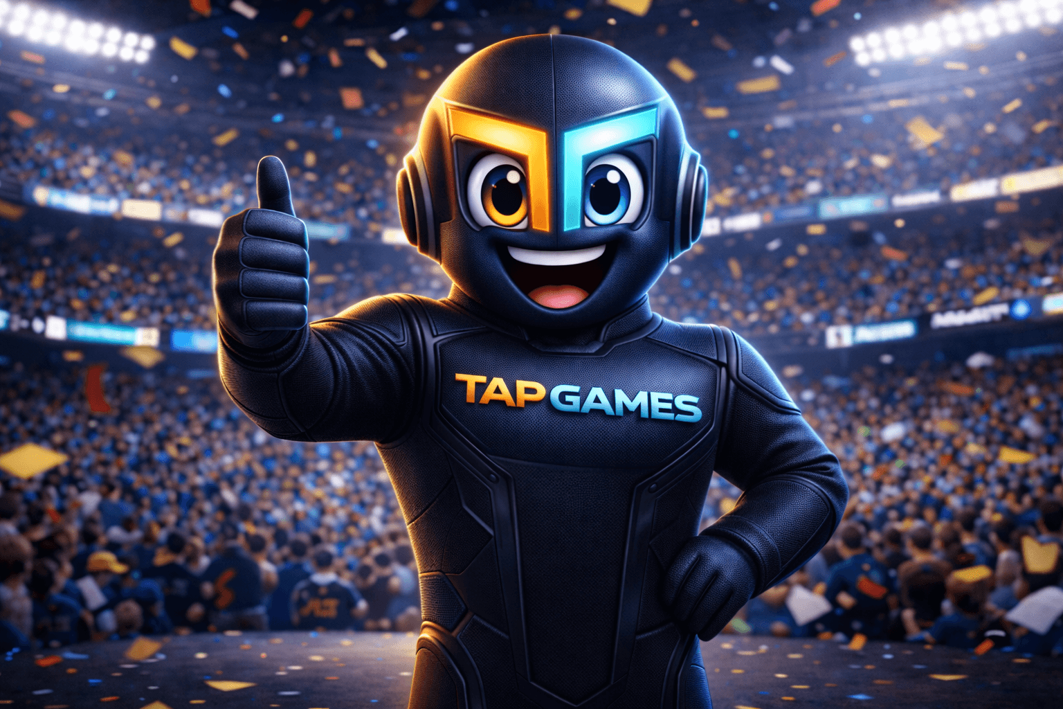 TAP GAMES mascot giving thumbs up in stadium